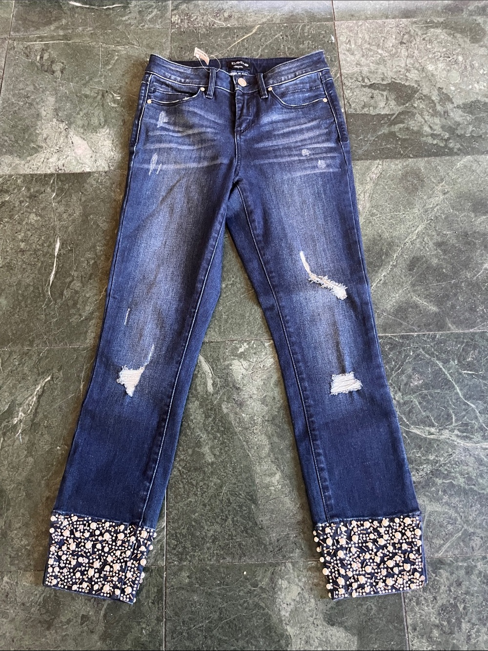 bebe Dark Blue Distressed Cropped Jeans with Embellished Cuffs